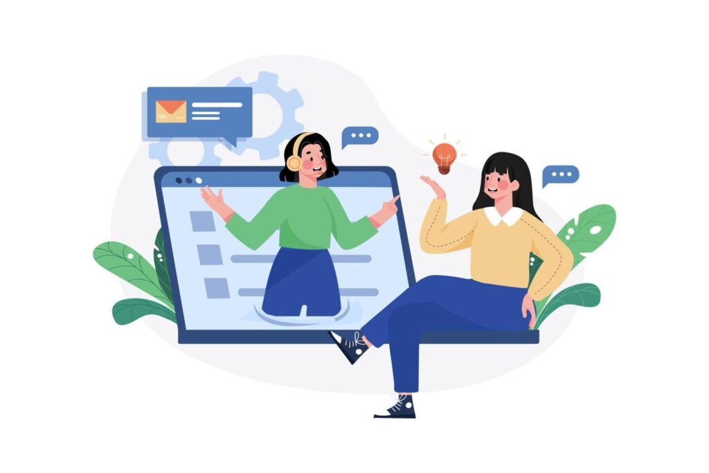 Illustration d'un assistanat virtuel avec ordinateur et échanges administratifs